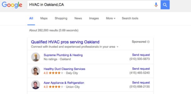 Google Home Service Ads for HVAc contractors in Bay Area