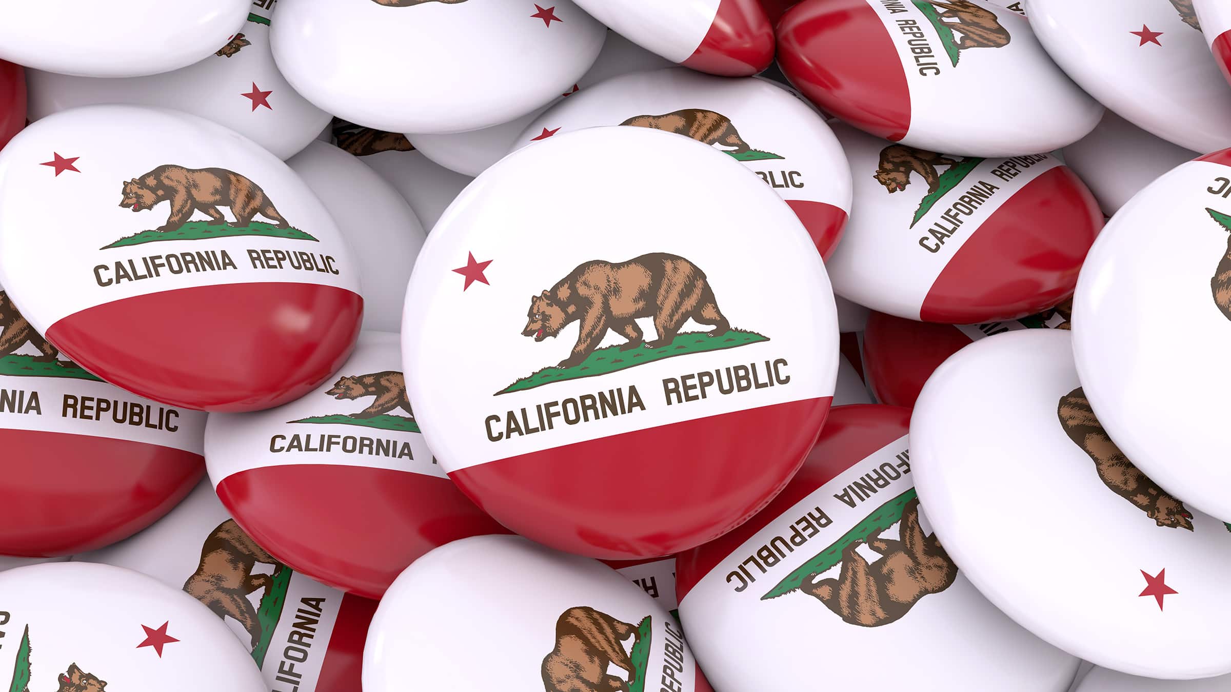 3D rendering of a pile of badges with the flag of the state of california